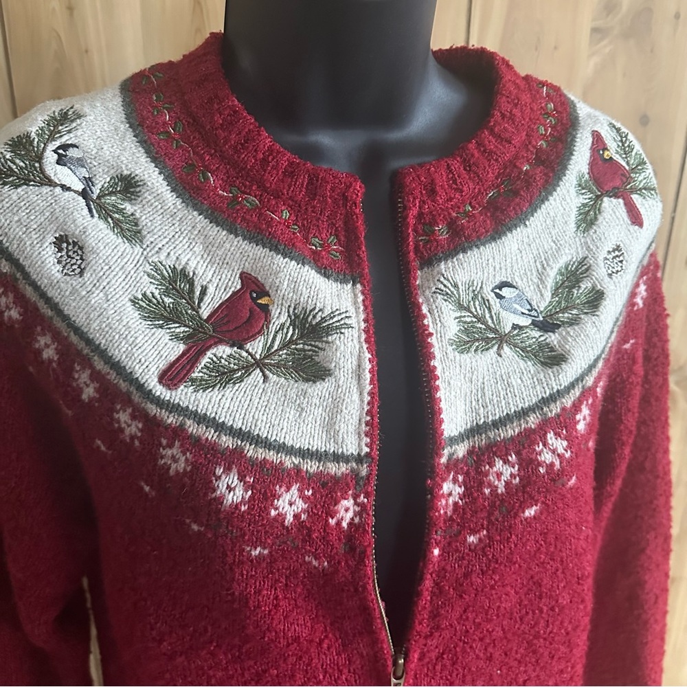 Red Embroidered Cardinal and Chickadee Women's Sweater Silk Blend, Full zip